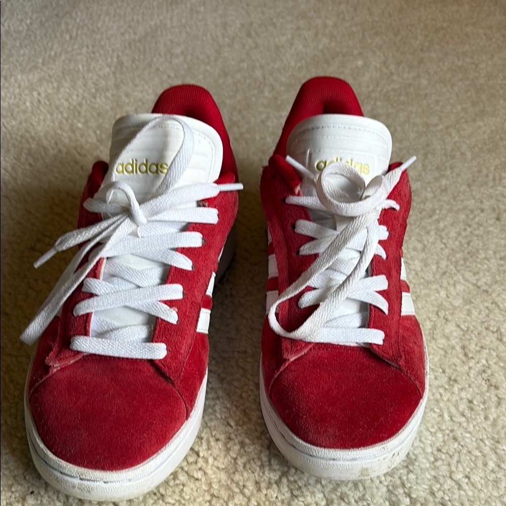 Adidas Women’s Red and White Suede Sneakers - Size 7